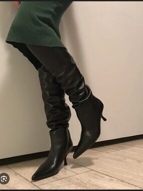 The Row Black Leather Over-the-Knee Pointed-Toe Kitten Heel Boots